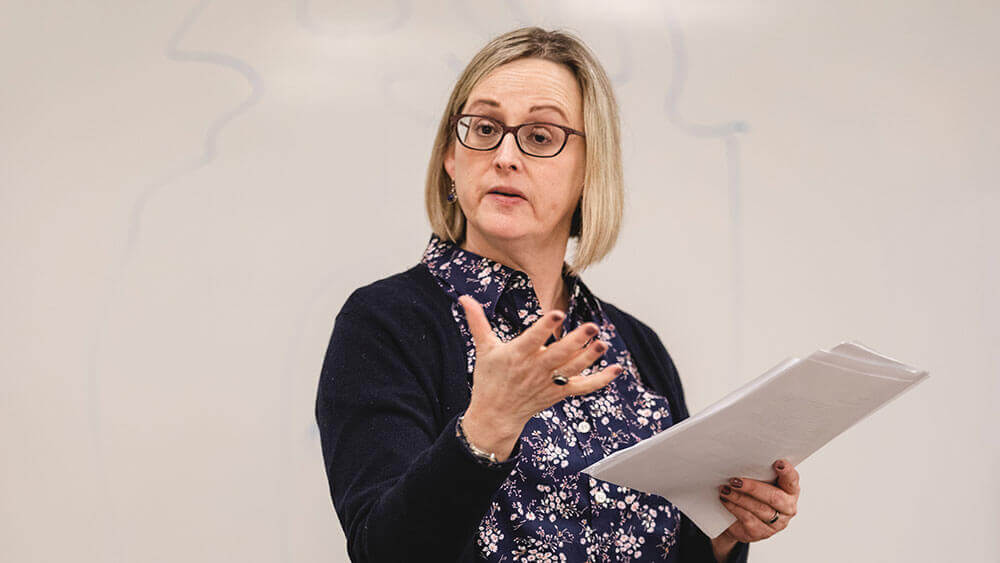 History professor Jill Fehleison lectures in class