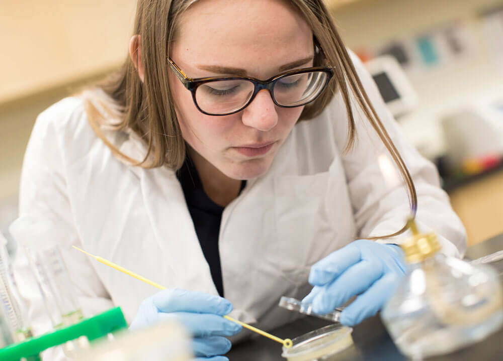 A student collects samples during a laboratory procedure in the Buckman Center Bio Lab on the Mount Carmel Campus