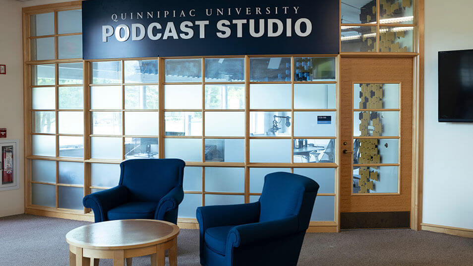 Entrance to the Quinnipiac Podcast Studio in the School of Communications