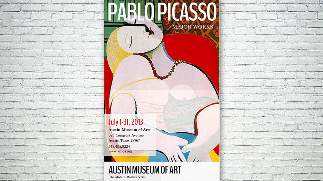 An example of graphic design student work, a museum exhibit promo poster for Pablo Picasso