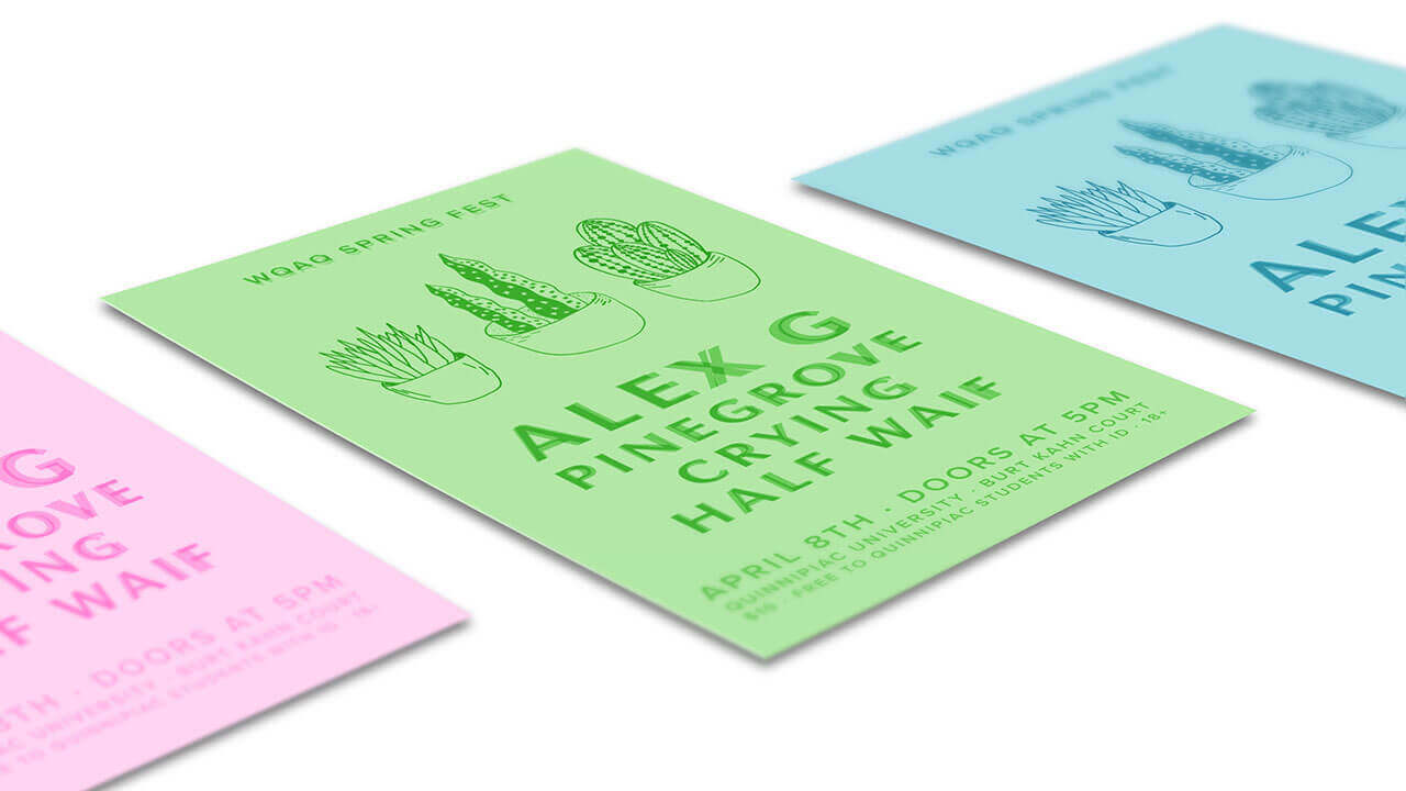An example of graphic design student work, colorful typography layout samples in green, pink and blue