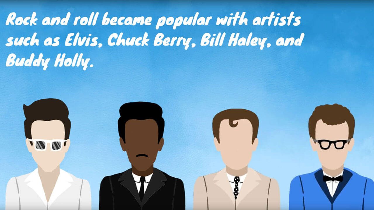 Still of an animation video about the history of rock 'n' roll, featuring cartoons of Elvis