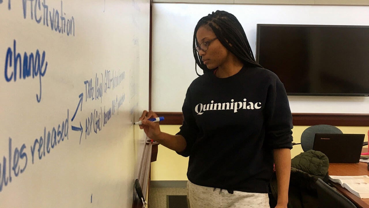 Tiana Clemons writing on board wearing a Quinnipiac-branded sweater
