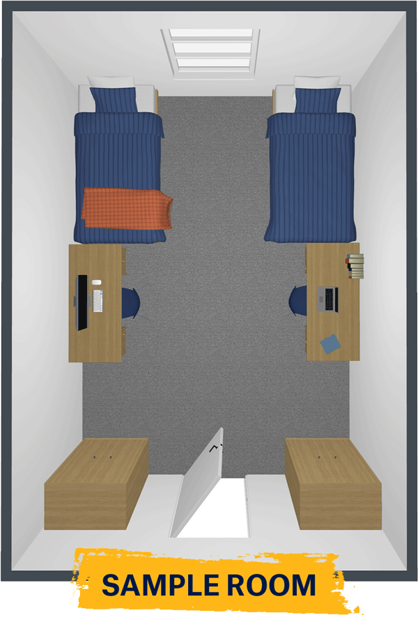 Rendering of a floor plan with 2 beds, wardrobes and desks in one room