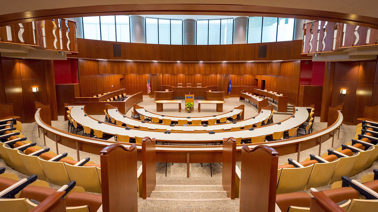 shot of the entire school of law ceremonial courtroom, featuring