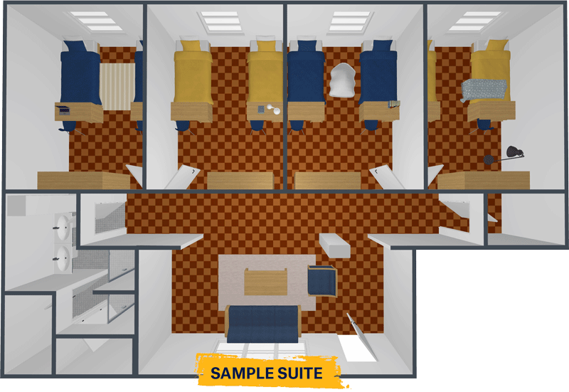 Rendering of a floor plan with 4 double bedrooms in a row, with a common area and bathroom