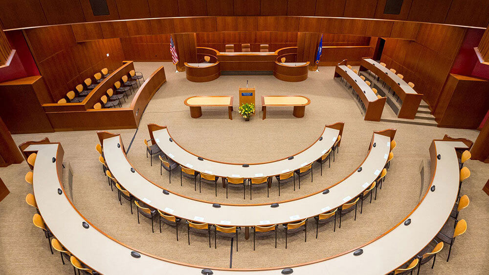 Bird's eye view shot of the ceremonial courtroom in the School of Law Center