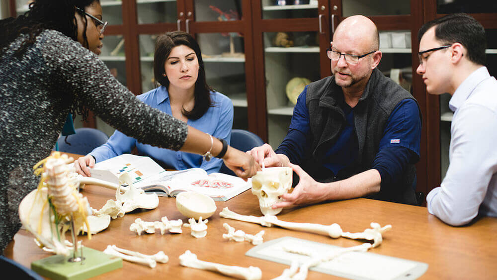 Students and a medical professor examine a skeleton laid out on a table in the bone room
