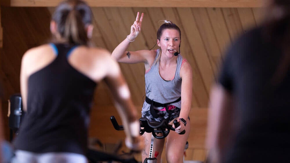 Group fitness instruction in the Spinning Studio in the Rocky Top Student Center on Quinnipiac’s York Hill Campus.