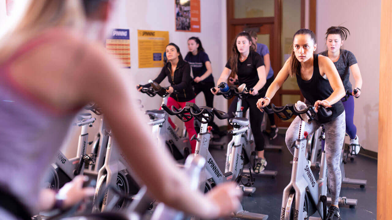 Group fitness instruction in the Spinning Studio in the Rocky Top Student Center.