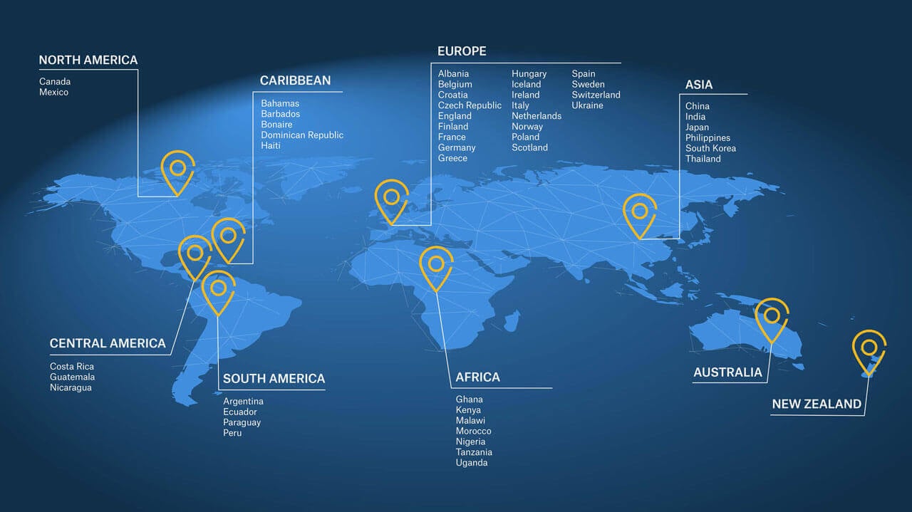 An illustrated map of the world with pinpoints marking all the countries where Quinnipiac offers programs.