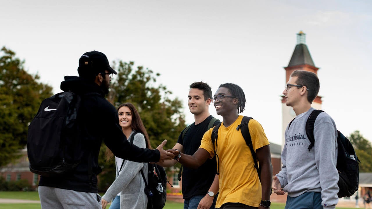 A group pf students greet each other on campus