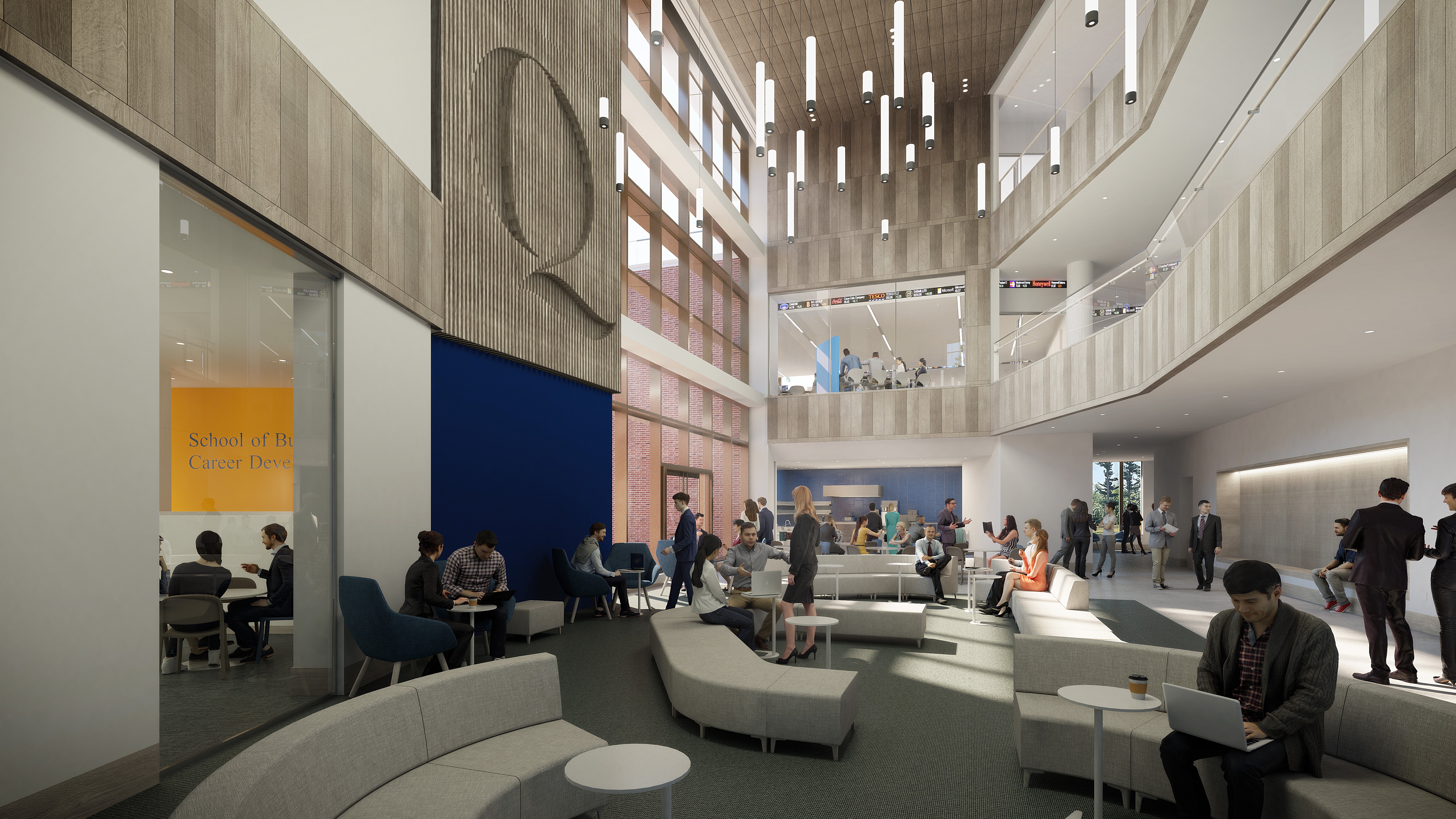 Rendering of the Community Lounge and Coffee Bar in the new School of Business on the South Quad
