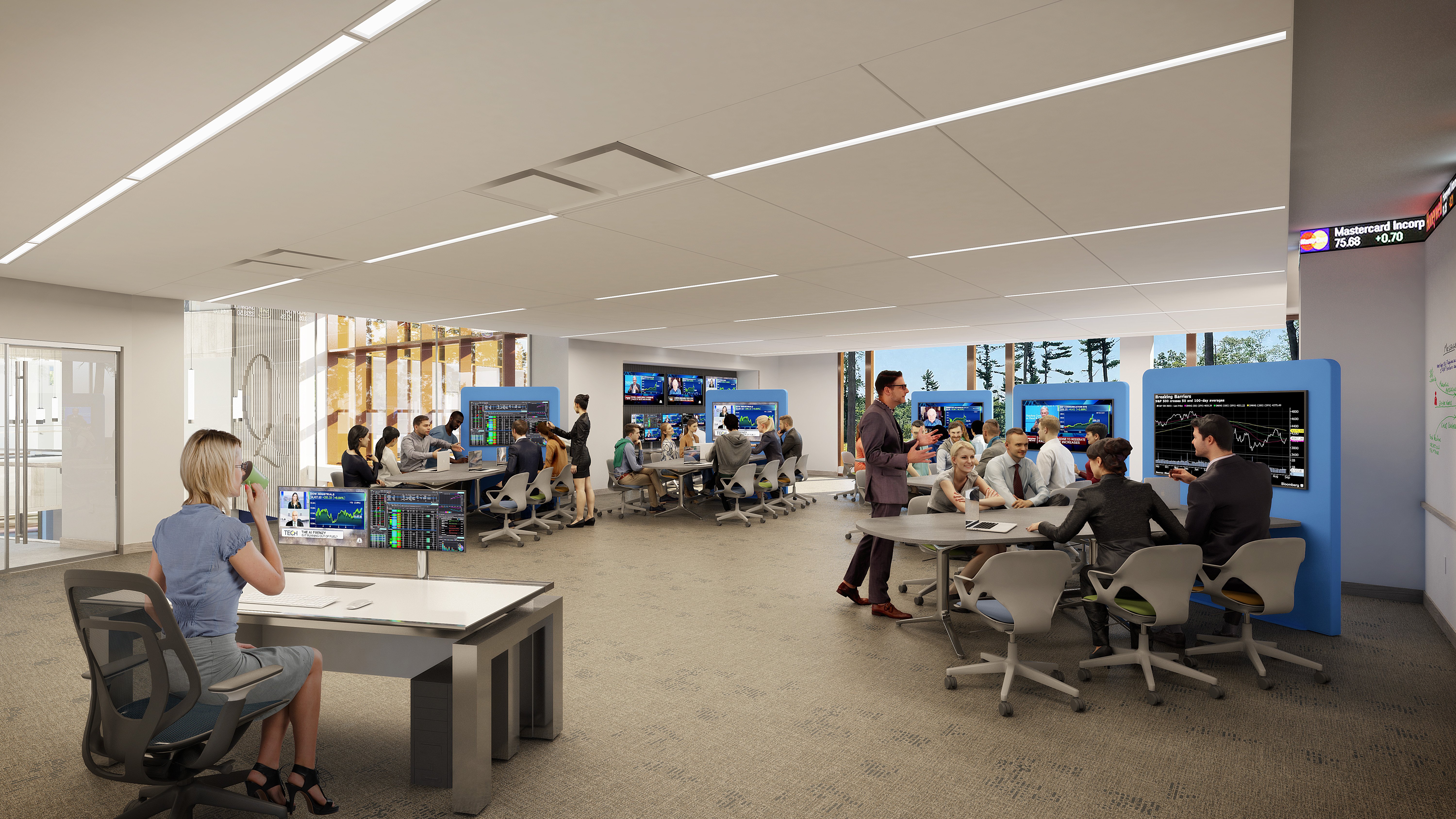 Rendering of the FinTech Lab in the new School of Business on the South Quad
