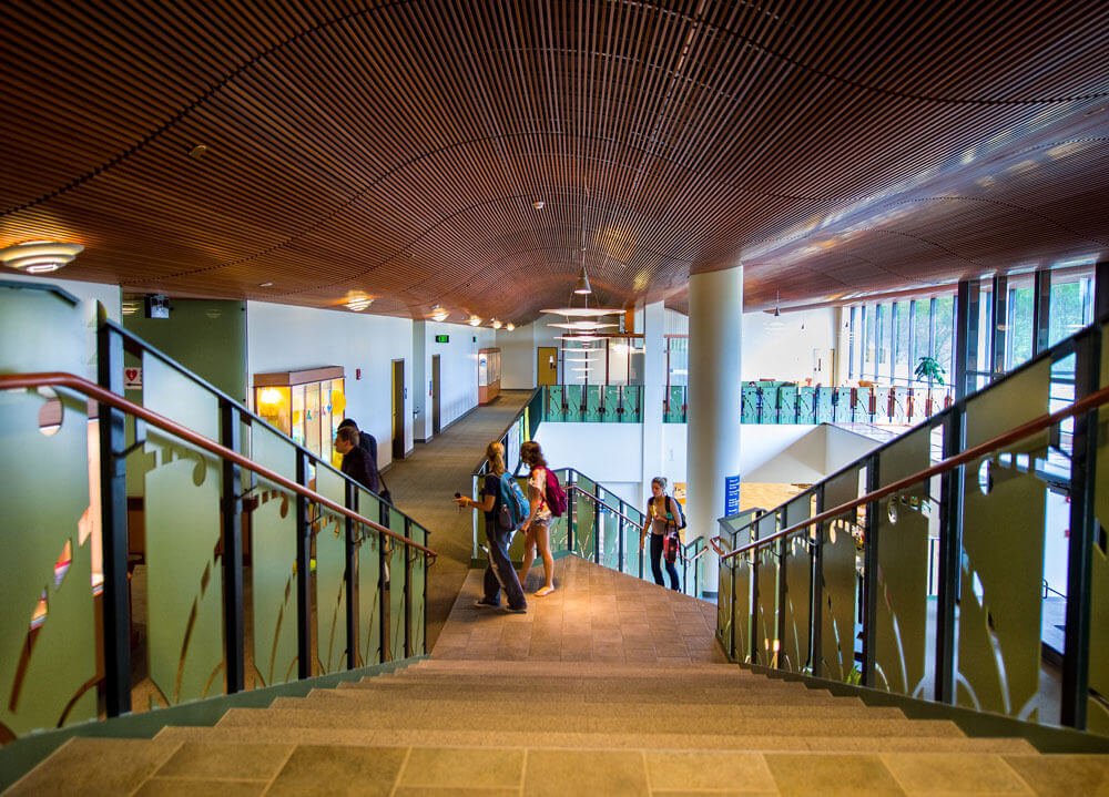 Students walk through the upper lobby in the Center for Medicine, Nursing and Health Sciences
