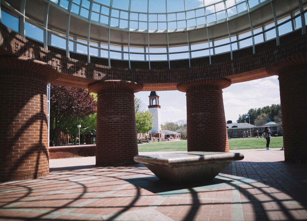 Photo of inside the School of Business dome, looking at the clock tower