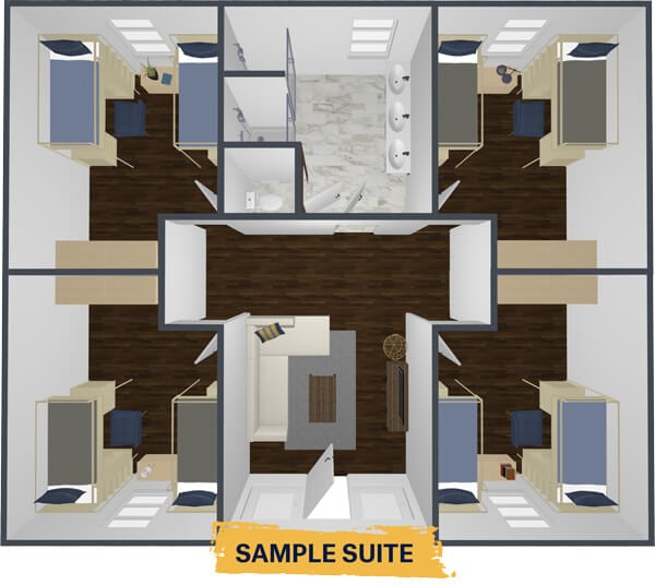 Rendering of a floor plan with 4 bedrooms in each corner and bathroom and common room in the center