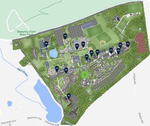 Map of bicycle racks on Quinnipiac's campuses