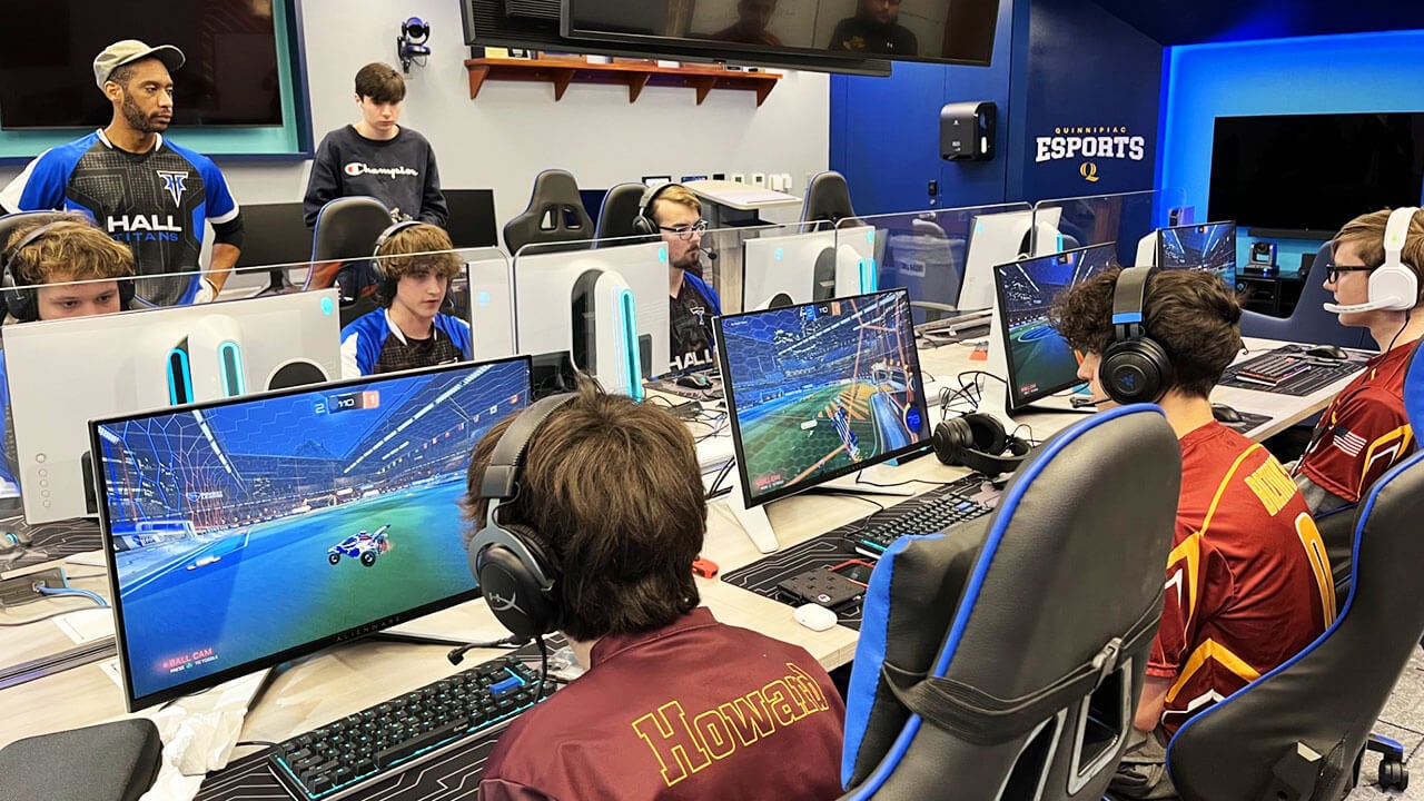 Students participating in the CIAC Esports Tournament use the Esports Lab at Quinnipiac.